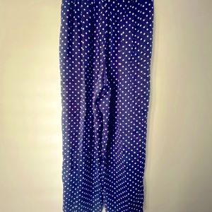 Navy and white polka dot polyester elastic high waisted pants